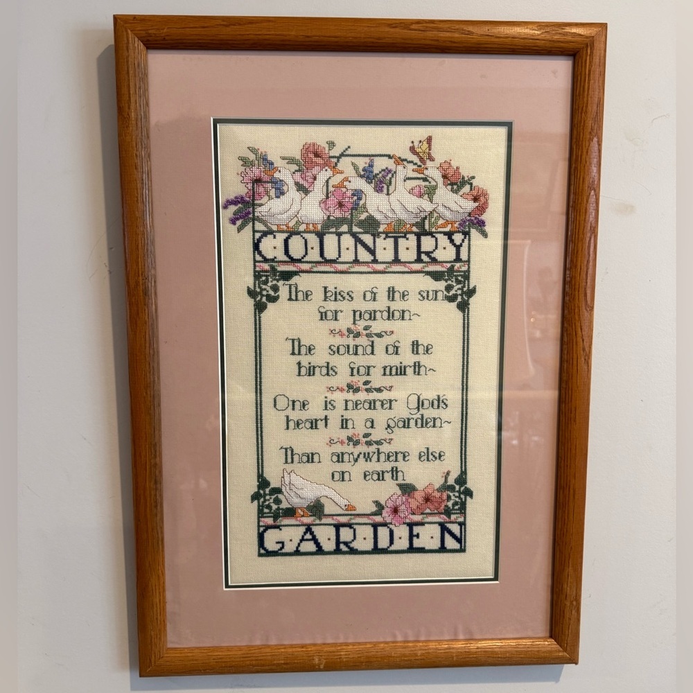 Vintage Framed Country Garden Cross Stitch Art - Goose & Floral Motif 19x23.5